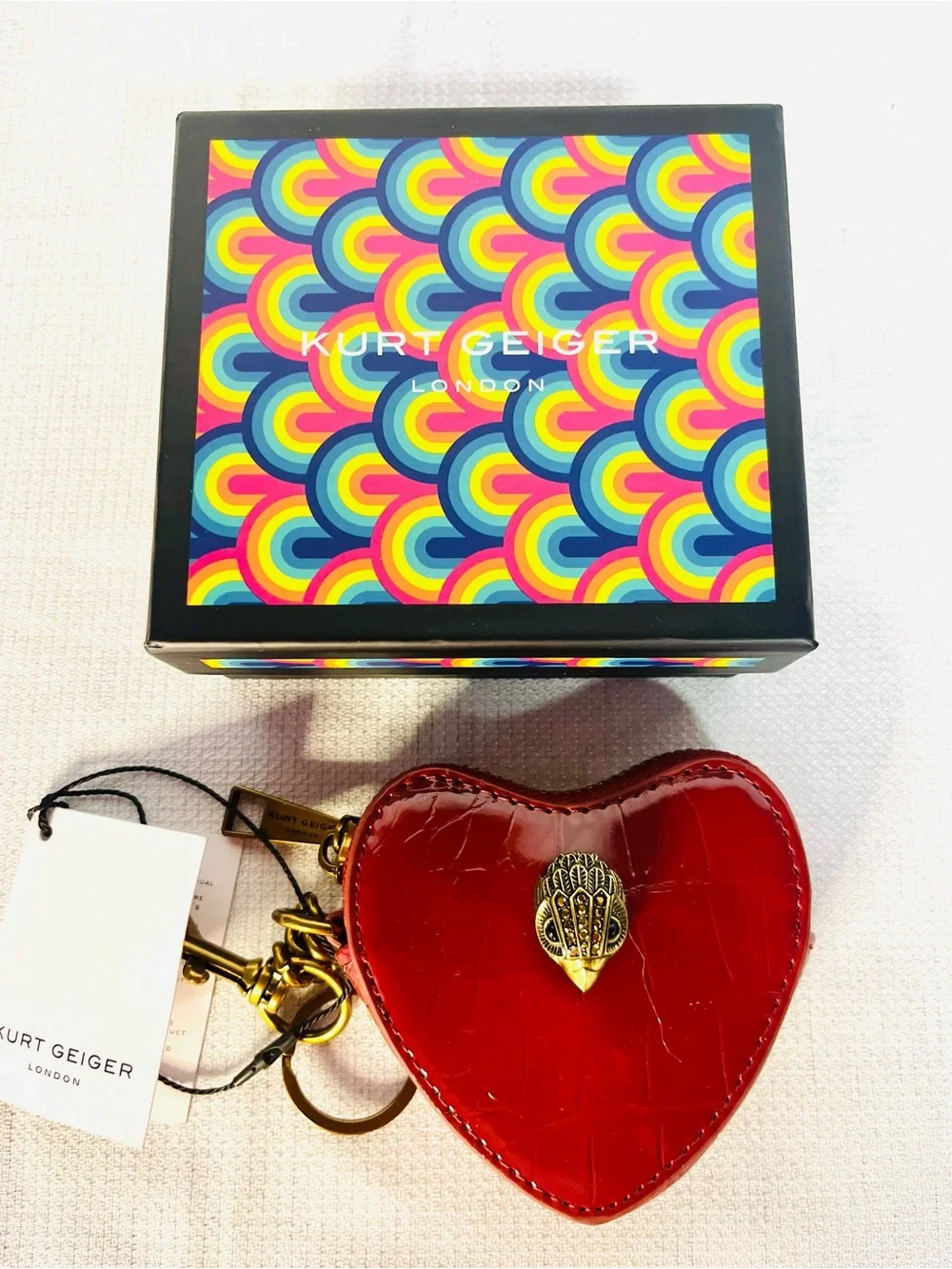Kurt Geiger Red Croc-Effect Heart Key & Card Holder with Antique Gold Hardware